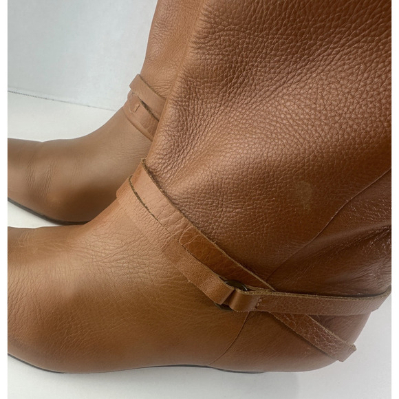 Frye Mid Calf Leather Boots Pull On Harness Strappy Brown Women's 8.5 M 37444 - Picture 13 of 16